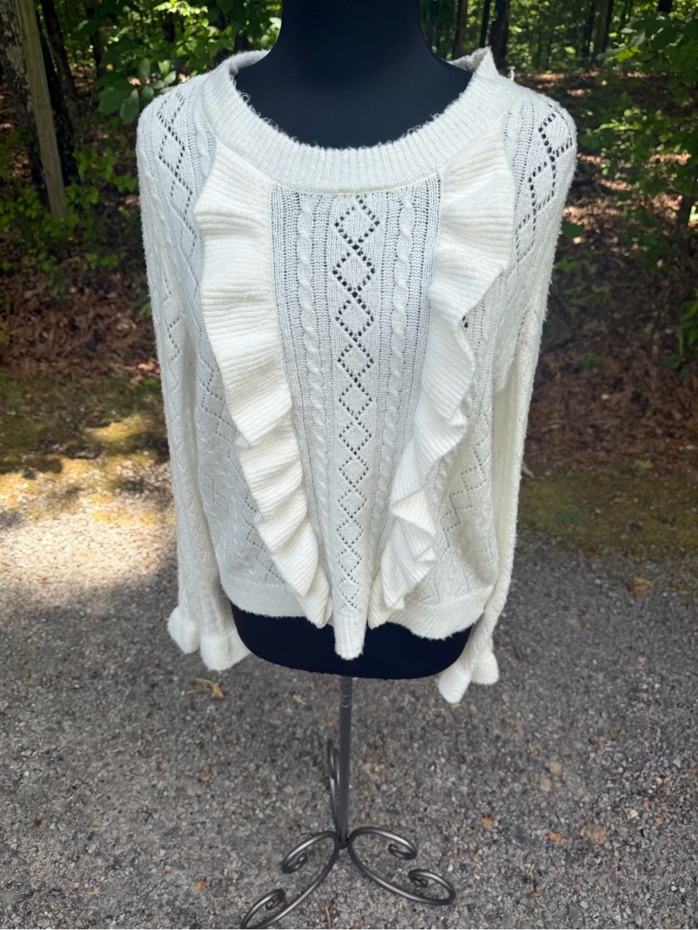Women's Cream Ruffle Cable-Knit Sweater